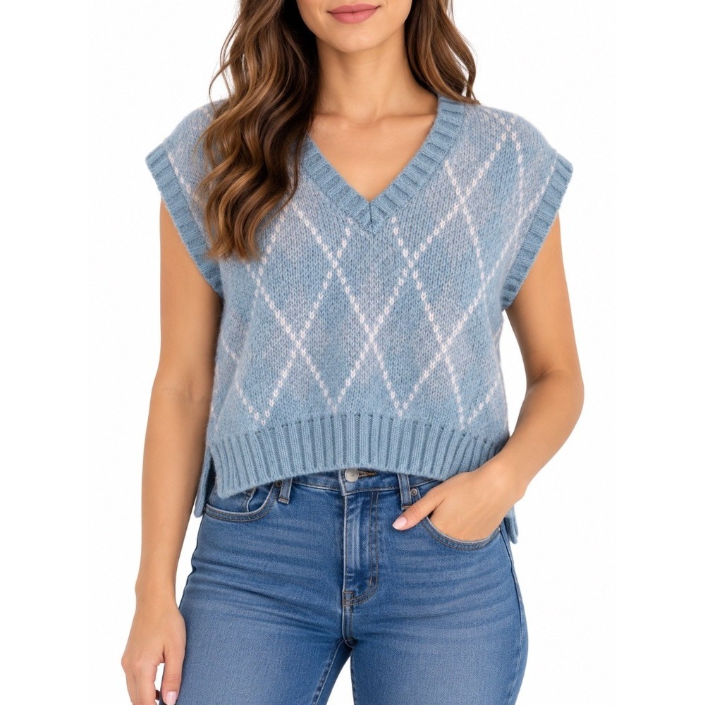 Kendall Kylie Womens Blue Argyle Diamond Knit Sweater Vest Crop Top Size M